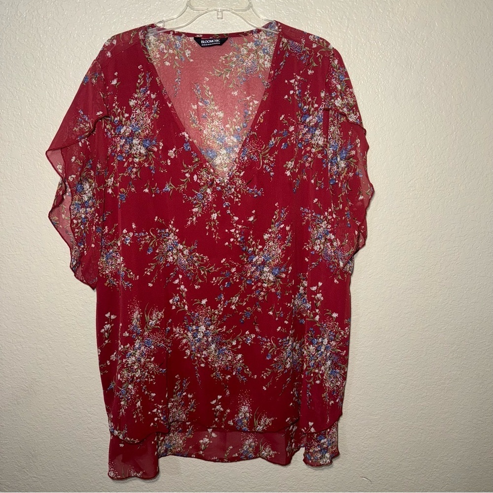 Red Floral Chiffon Blouse Women’s 22/24 Romantic Boho Cottagecore Tunic